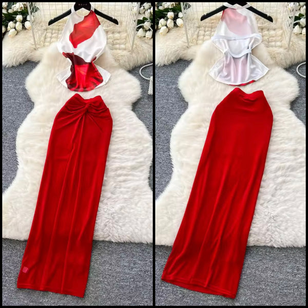 Women Sexy Floral Halter Open Back Sleeveless Two Piece Maxi Skirt Set