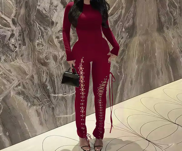 Women Color Full Sleeve Cut Out Tie Up Fashion Jumpsuit