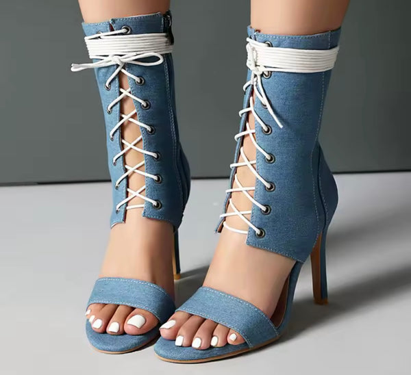 Women Color Open Toe Fashion Lace Up Ankle High Heel Boots