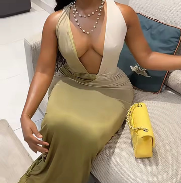 Women Sexy Deep V-Neck Sleeveless Gradient Maxi Dress