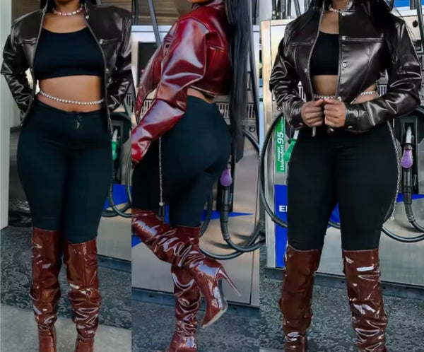 Women Color Fashion Faux Leather Crop Jacket