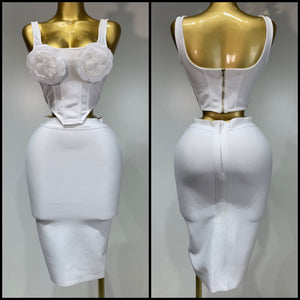 Women White Sleeveless 3D Floral Sexy Bandage Two Piece Skirt Set