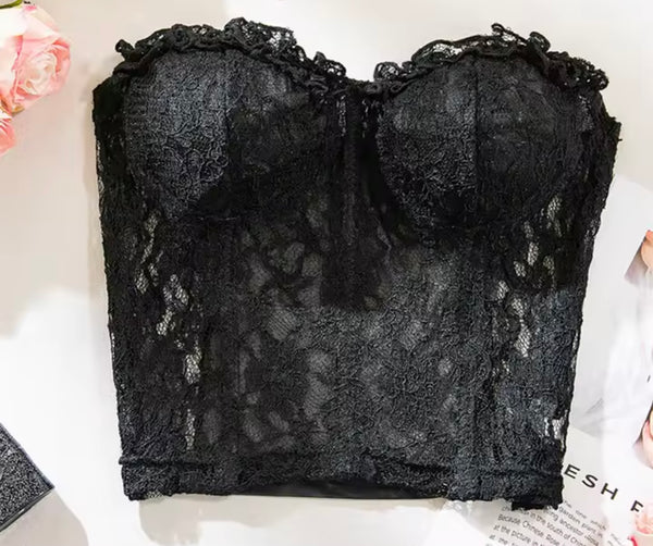 Women Sexy Strapless Black Lace Crop Top