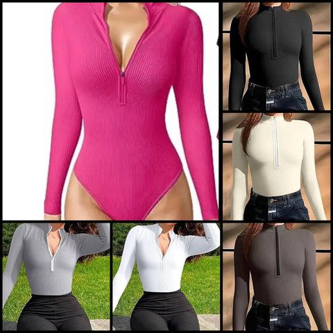 Women Fashion Ribbed Front Zipper Full Sleeve Bodysuit Top