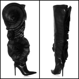 Women Fashion Faux Leather Black Flower Knee High Boots