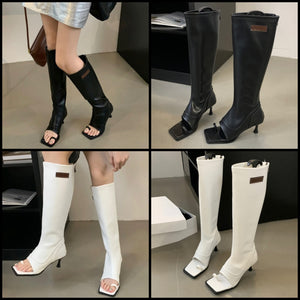 Women Fashion Faux Leather Open Toe Knee High Boots