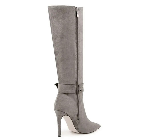 Women Pointed Toe Suede Buckled Knee High Boots