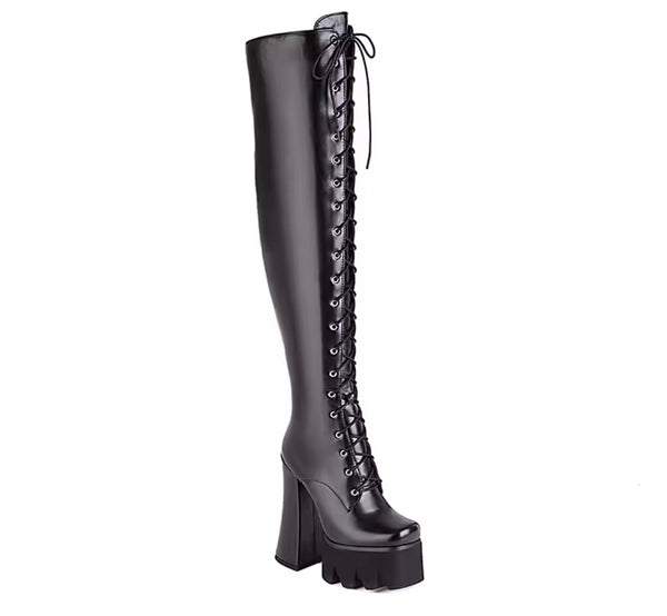 Women Fashion Black Lace Up Platform High Heel Boots