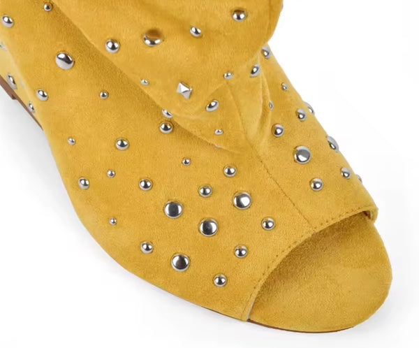 Women Fashion Open Toe Rivet Wedge Ruched Knee High Boots