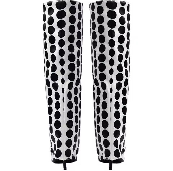 Women Fashion White Polka Dot Pointed Toe Knee High Boots