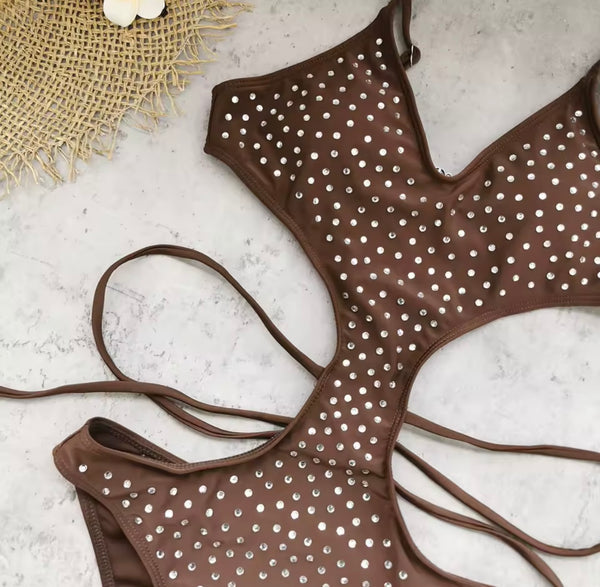 Women Brown Bling Sexy Cut Out Swimsuit