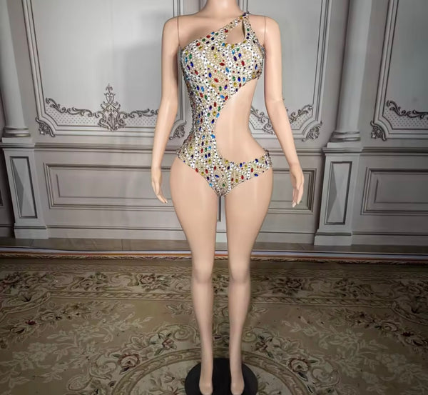 Women Sexy One Shoulder Color Rhinestone Swimsuit