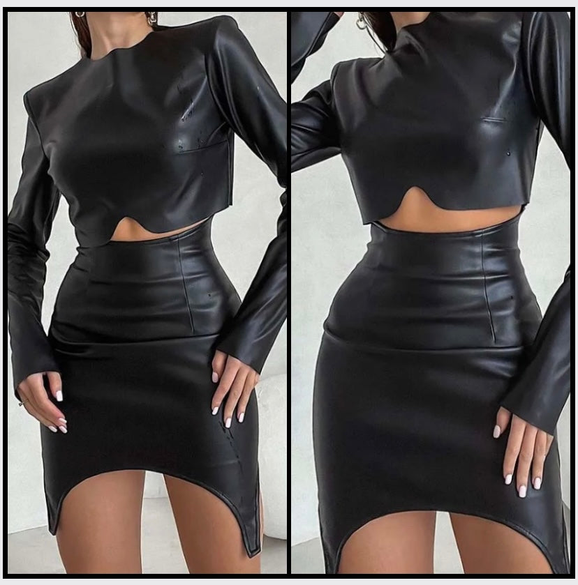 Women Black Sexy Faux Leather Full Sleeve Two Piece Skirt Set