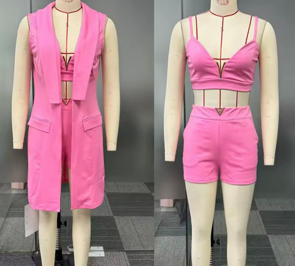 Women Fashion Sleeveless Solid Color Three Piece Short Set