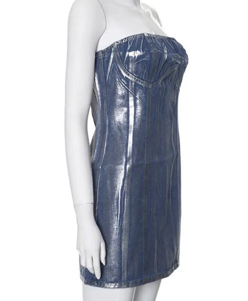 Women Sexy Fashion Strapless Metallic Denim Dress