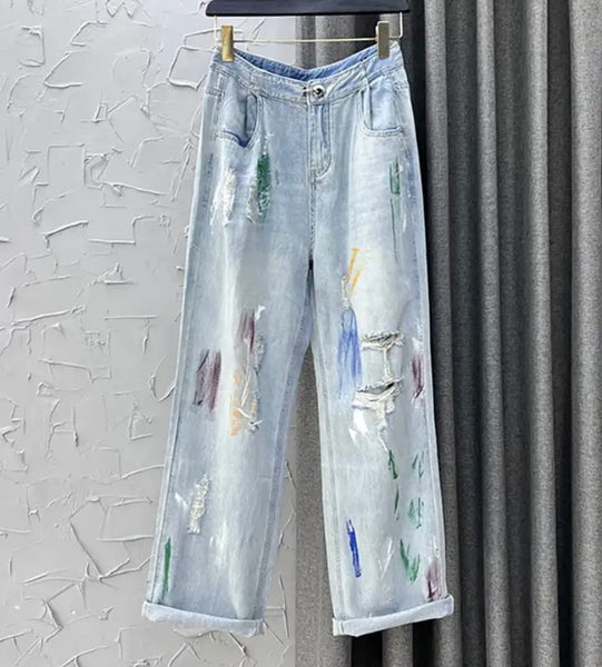 Women Fashion Color Patchwork Ripped Denim Pants