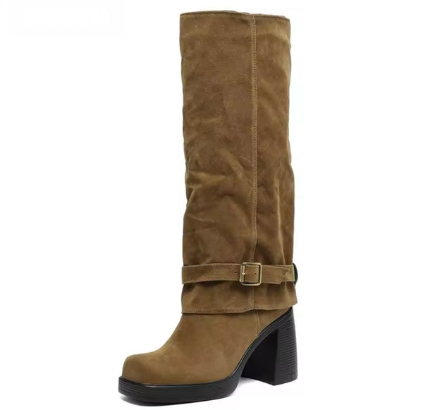 Women Fashion Square Toe Buckled Suede Knee High Boots