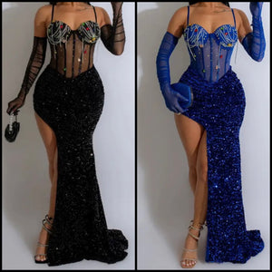 Women Sexy Sleeveless Glove Bling Mesh Patchwork Sequins Maxi Dress