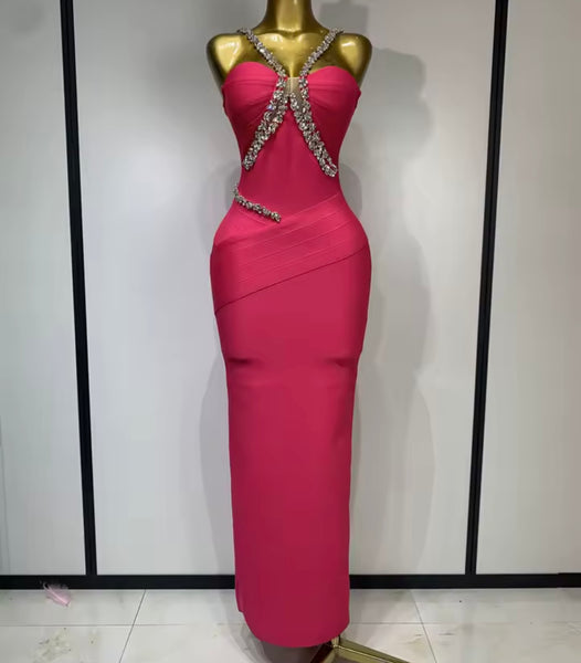Women Pink Rhinestone Sexy Sleeveless Maxi Dress