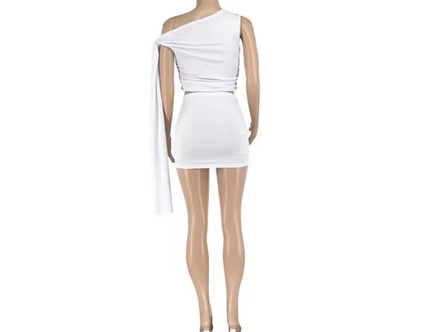 Women Sexy Slant Shoulder Short Sleeve Two Piece Skirt Set