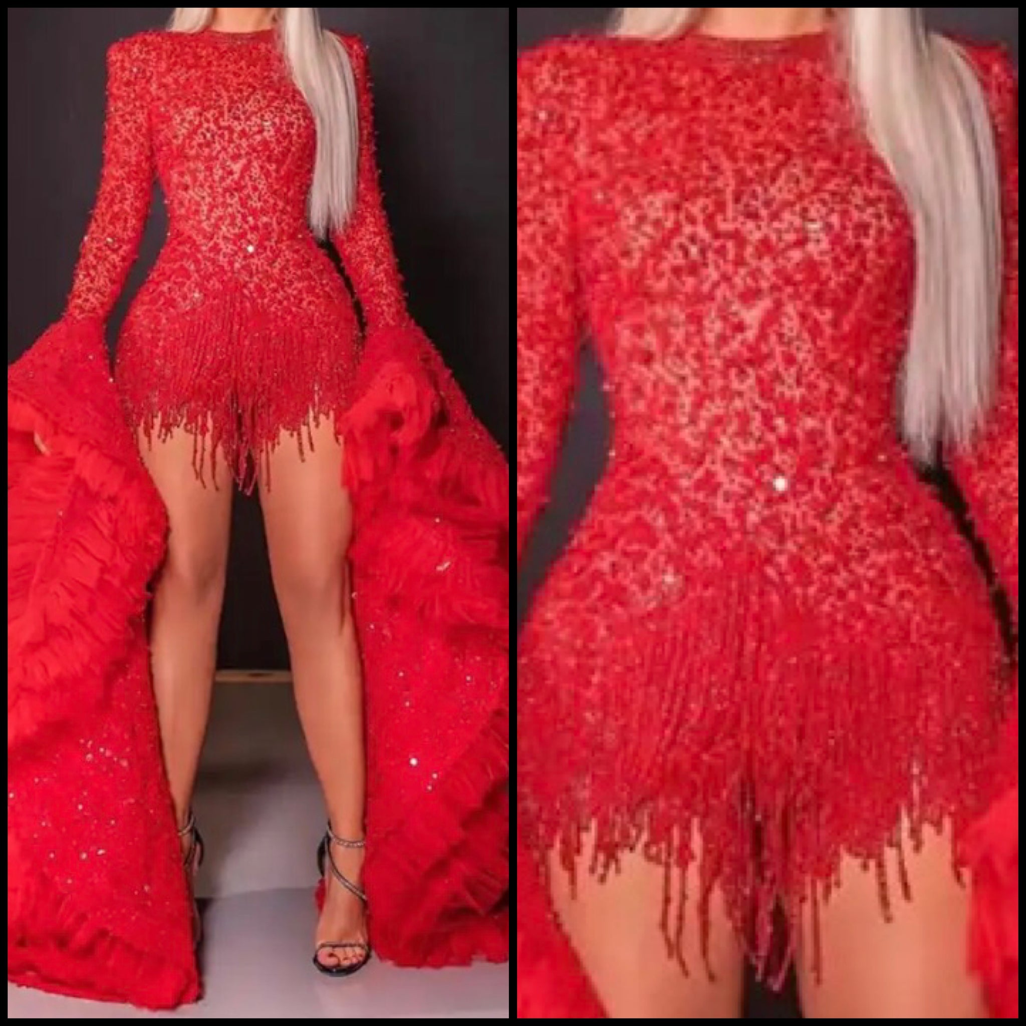 Women Sexy Red Bling Full Long Sleeve Dress