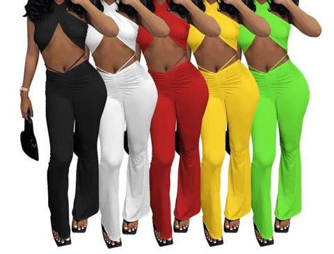 Women Sexy Solid Color Halter Sleeveless Two Piece Pant Set