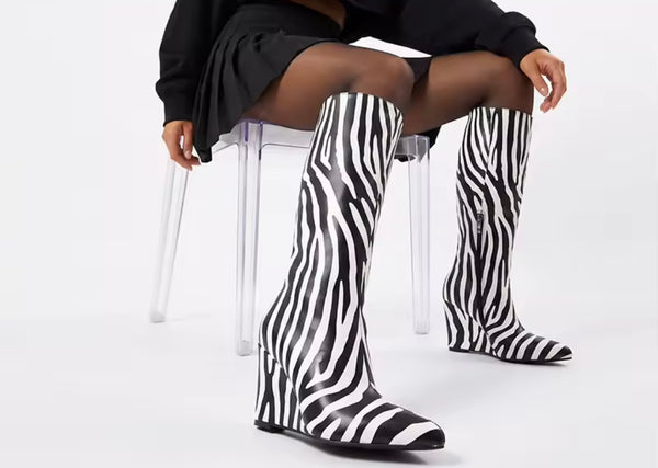 Women Fashion B&W Animal Print Wedge Knee High Boots
