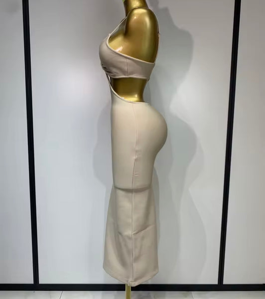 Women Sexy Sleeveless Khaki Cut Out Bandaged Maxi Dress