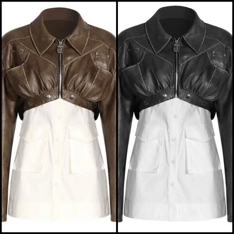 Women Fashion Button Up Faux Leather Patchwork Jacket