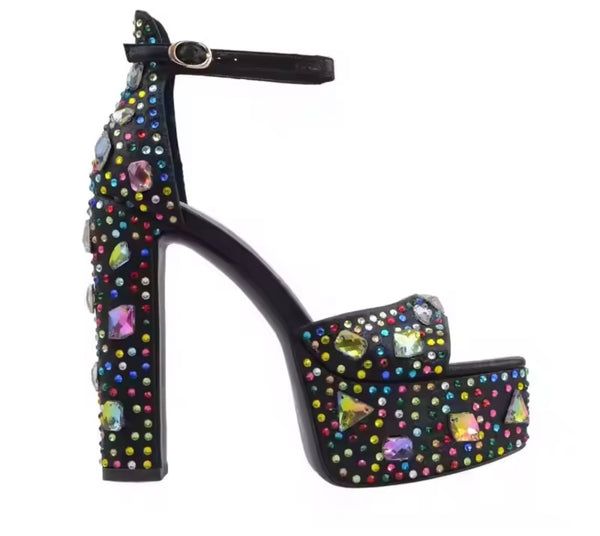 Women Fashion Black Color Crystal Platform Ankle Strap Sandals