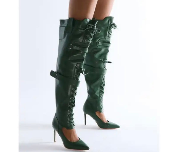 Women Green Fashion Faux Leather Lace Up Buckled Knee High Boots