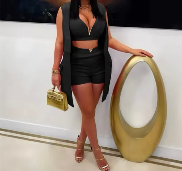 Women Fashion Sleeveless Solid Color Three Piece Short Set