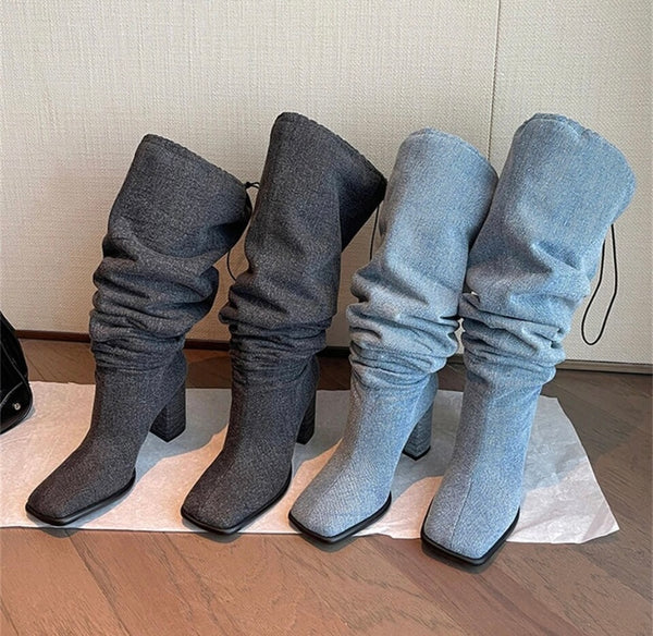 Women Denim Drawstring Fashion Square Heel Boots