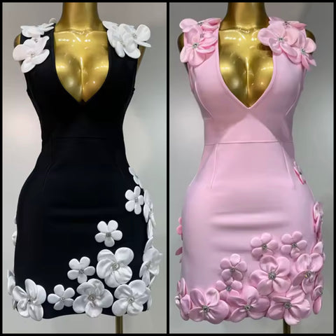 Women Sexy Sleeveless 3D Floral Pink Dress