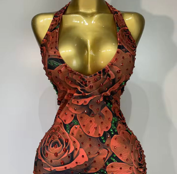 Women Sexy Halter Sleeveless Floral Rhinestone Maxi Dress
