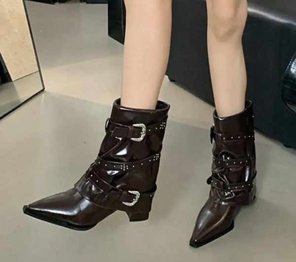 Women Pointed Toe Buckled Fashion Ankle Boots