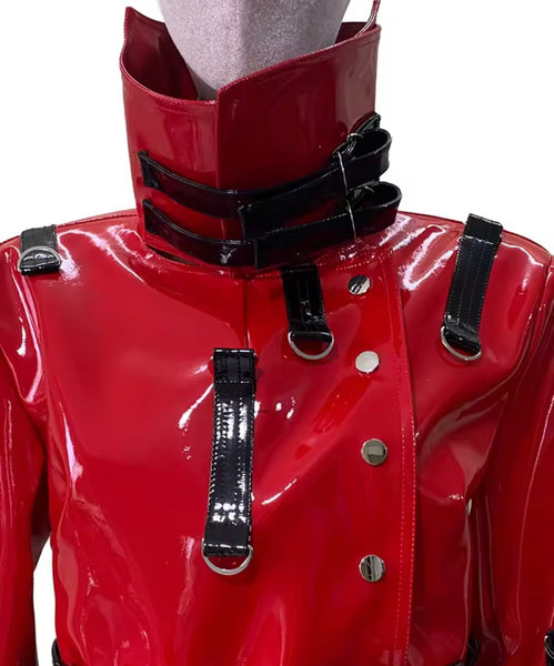 Women Fashion Red PU Leather Buckled Short Jacket