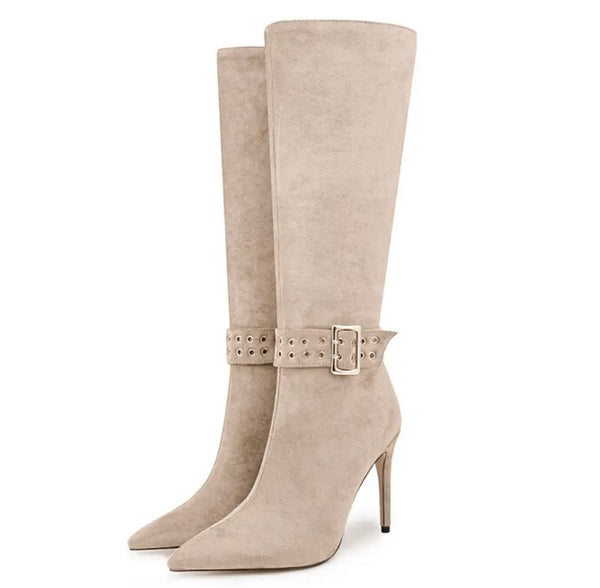 Women Pointed Toe Suede Buckled Knee High Boots