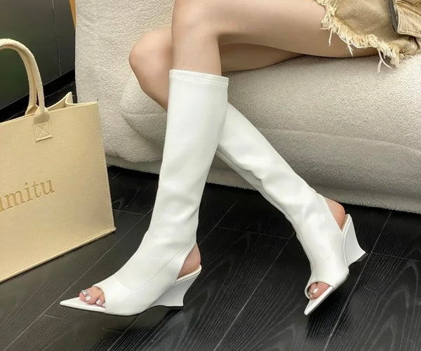 Women Color Fashion Pointed Open Toe Wedge Platform Knee High Boots