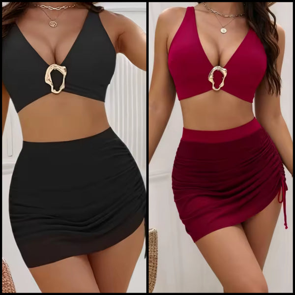 Women Metal Sexy Bikini Cover Up Set