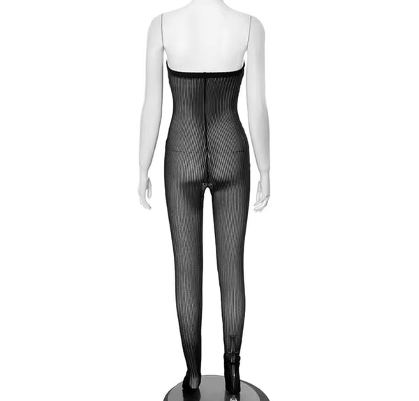 Women Black Sexy Strapless See Through Jumpsuit