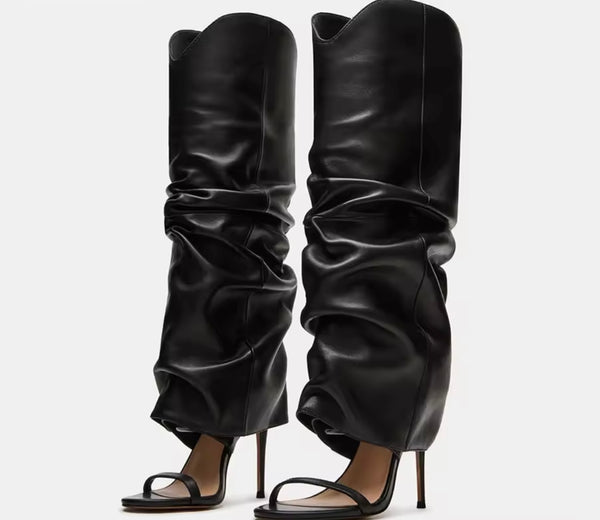 Women Black Open Toe Ruched Faux Leather Fashion Boots