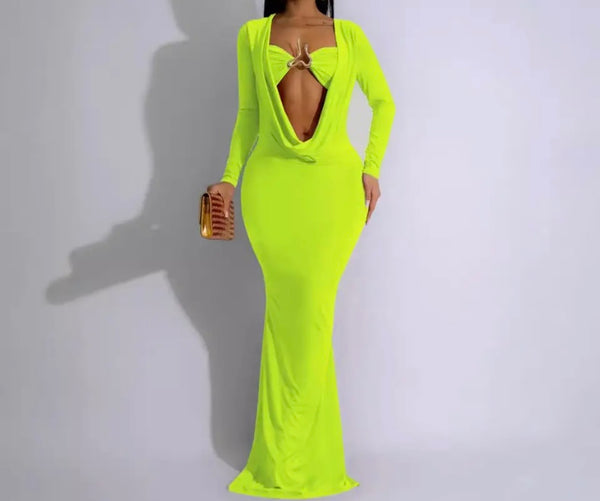 Women Sexy Metal Cut Out Full Sleeve Solid Color Maxi Dress
