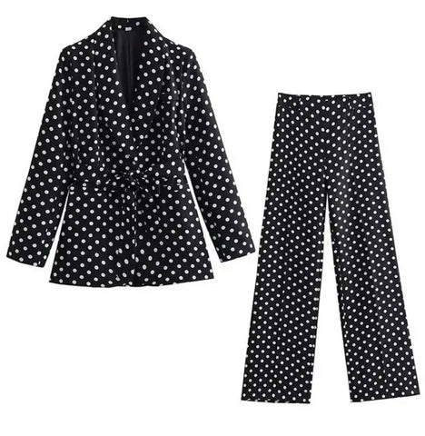 Women Fashion B&W Polka Dot Blazer Two Piece Pant Set