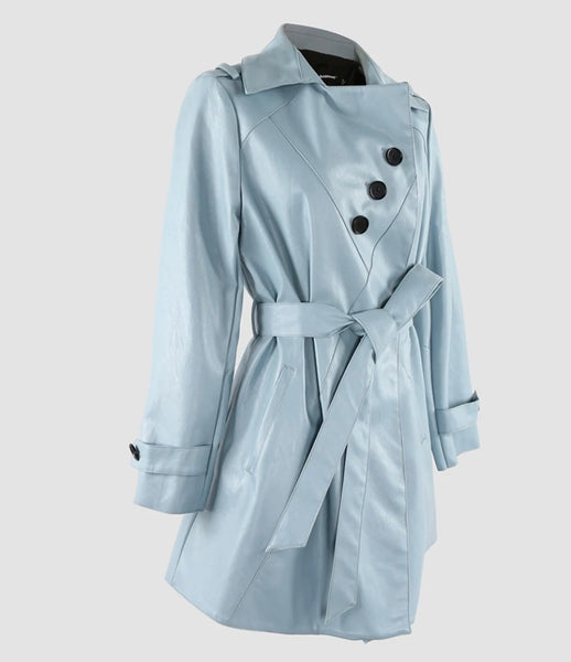 Women Fashion Blue Belted Faux Leather Trench Jacket