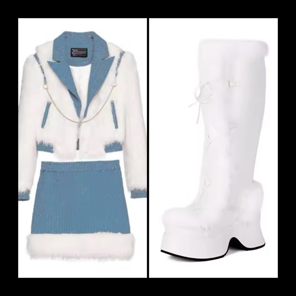 Women Fashion Faux Leather Fur Patchwork Platform Knee High Boots