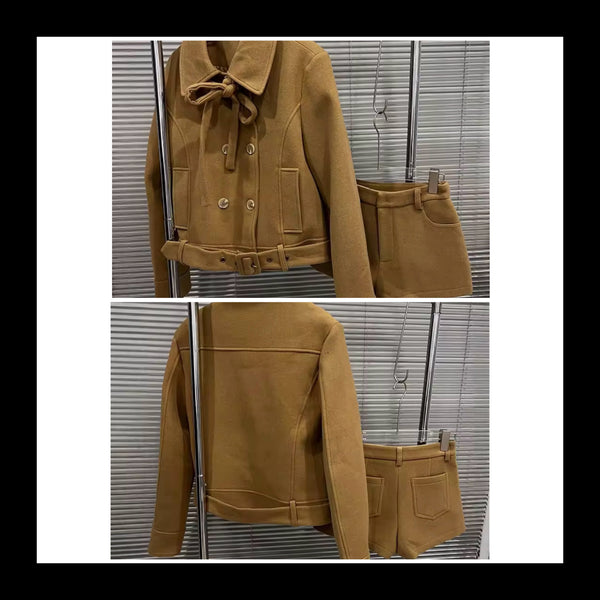 Women Brown Button Up Jacket Two Piece Fashion Short Set