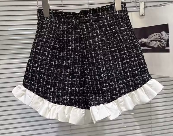 Women Tweed Full Sleeve Fashion Two Piece Ruffled Short Set