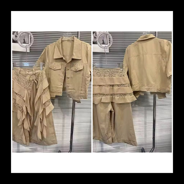 Women Khaki Button Up Short Sleeve Ruffled Lace Two Piece Short Set