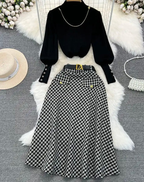 Women Chain Full Sleeve Two Piece Plaid Maxi Skirt Set